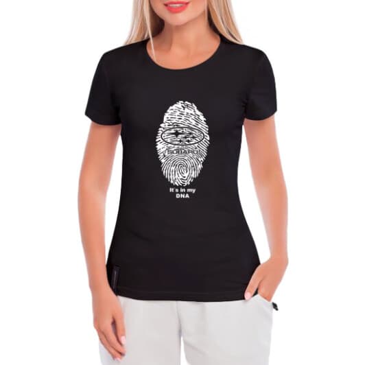 Футболка жіноча Globuspioner класична Subaru DNA чорна принт спереду