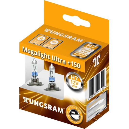 Автолампа Tungsram Megalight Ultra +150 H7 PX26d 55 W прозрачно-голубая 58520NXNU