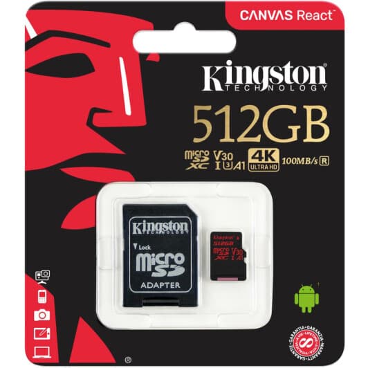 Карта памяти Kingston Canvas React microSDXC 512 ГБ с SD-адаптером