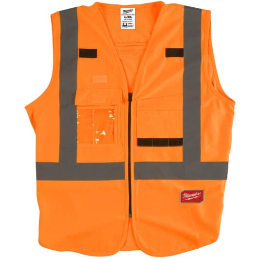 Жилет светоотражающий Milwaukee оранжевый с вертикальными и горизонтальными полосами