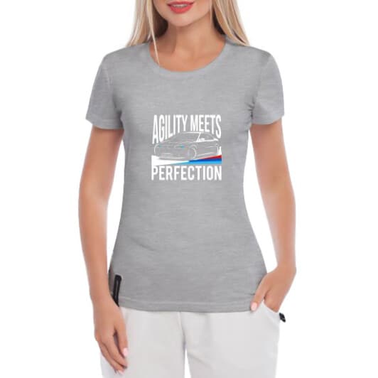 Футболка женская Globuspioner классическая BMW Agility Meets Perfection серая принт спереди