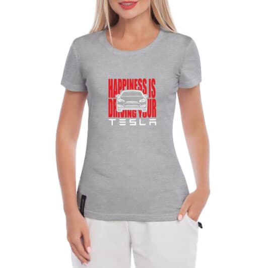 Футболка женская Globuspioner классическая Driving Your Tesla серая принт спереди