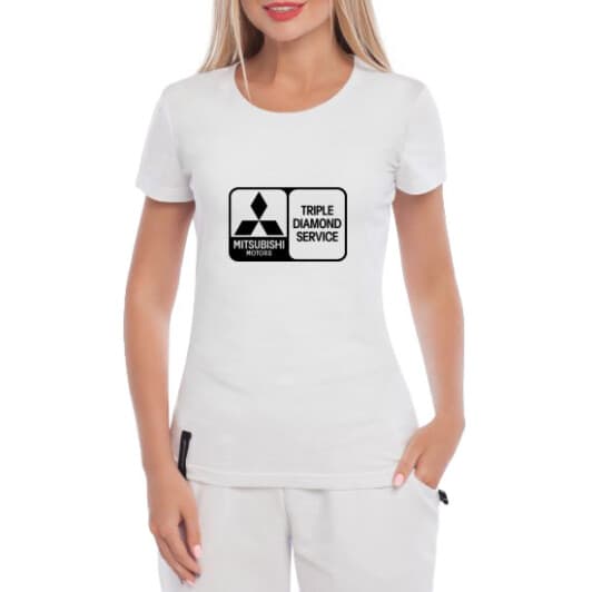 Футболка женская Globuspioner классическая Mitsubishi Triple Diamon Service белая принт спереди