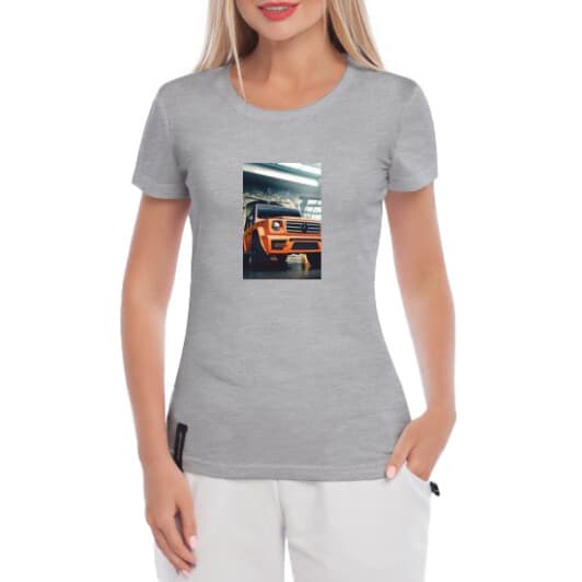 Футболка женская Globuspioner классическая Gelandewagen Orange серая принт спереди