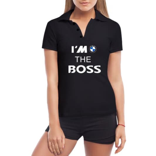 Футболка женская Globuspioner поло BMW I´m the Boss черная принт спереди