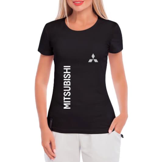 Футболка женская Globuspioner классическая Mitsubishi Logo Vertical черная принт спереди