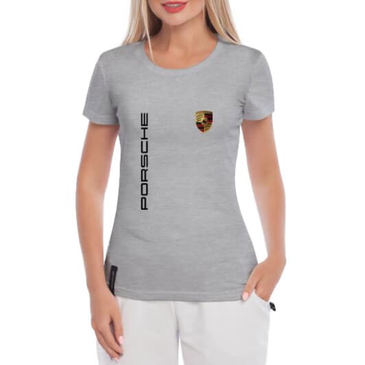 Футболка женская Globuspioner классическая Porsche Logo Vertical серая принт спереди