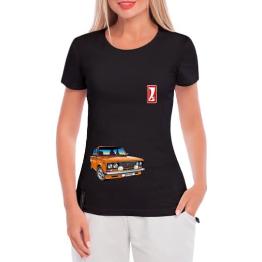 Футболка женская Globuspioner классическая VAZ 2106 Orange черная принт спереди