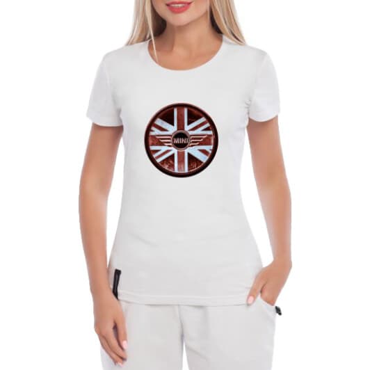 Футболка жіноча Globuspioner класична Mini Cooper Red Flag біла принт спереду