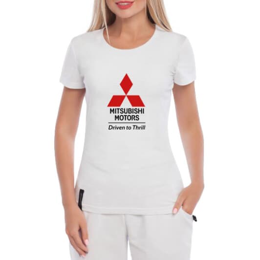 Футболка женская Globuspioner классическая Mitsubishi Driven to Thrill белая принт спереди