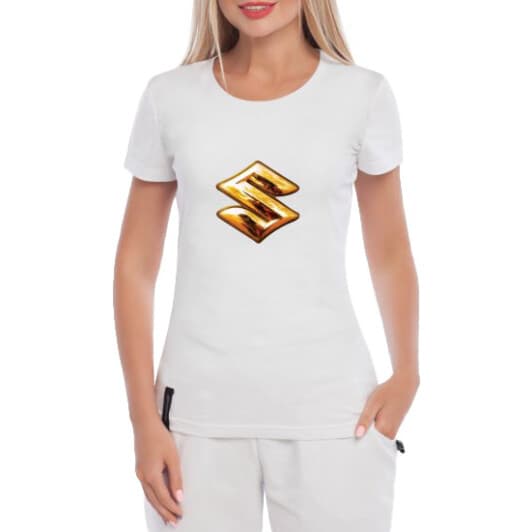 Футболка женская Globuspioner классическая Suzuki Big Logo Gold белая принт спереди