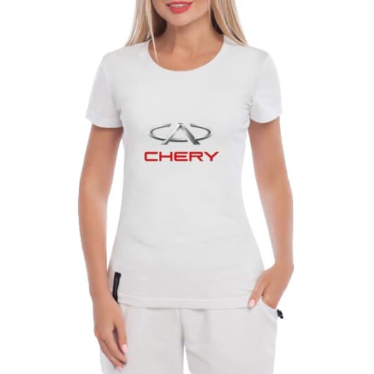 Футболка женская Globuspioner классическая Chery Logo Silver белая принт спереди