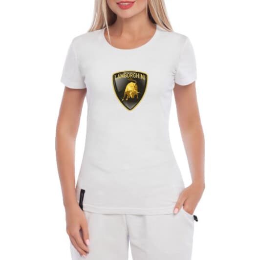Футболка женская Globuspioner классическая Lamborghini Logo белая принт спереди