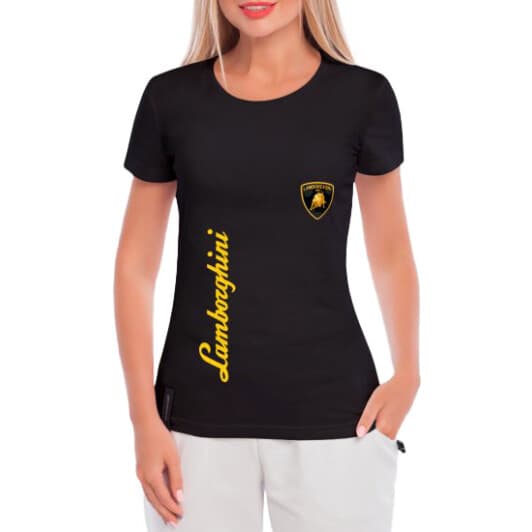Футболка жіноча Globuspioner класична Lamborghini Logo Vertical чорна принт спереду