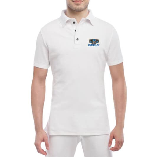 Футболка чоловіча Globuspioner поло Geely Avto біла принт спереду