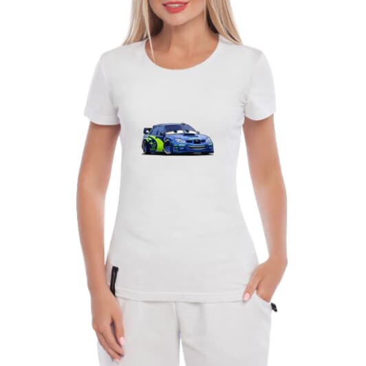 Футболка жіноча Globuspioner класична Subaru Cartoon Car біла принт спереду