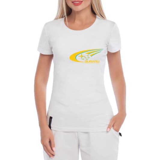 Футболка жіноча Globuspioner класична Subaru Rally Team біла принт спереду