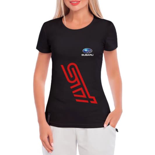 Футболка женская Globuspioner классическая Subaru STI Vertical Red черная принт спереди
