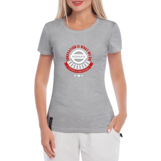Футболка жіноча Globuspioner класична What we do Nissan сіра принт спереду
