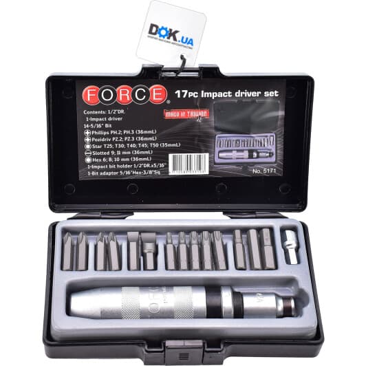 Отвертка реверсивная ударная с набором бит Force 5171