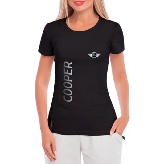 Футболка женская Globuspioner классическая Mini Cooper Big Logo Vertical черная принт спереди