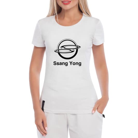 Футболка жіноча Globuspioner класична SsangYong Old Logo біла принт спереду