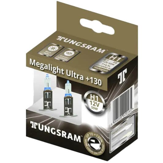 Автолампа Tungsram Megalight Ultra +130 H1 P14,5s 55 W прозоро-блакитна TU50310NU2D