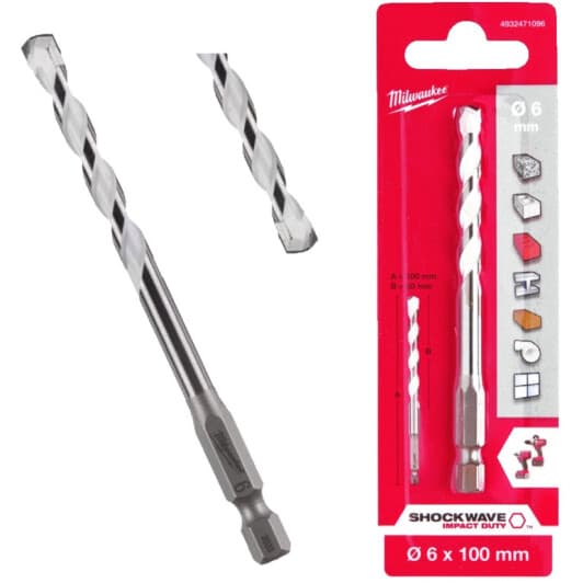 Сверло Milwaukee спиральное по металлу, бетону и дереву Shockwave 4932471096 6 мм
