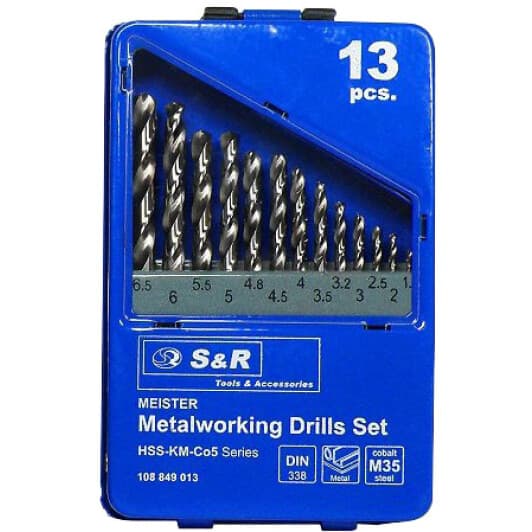 Набор сверл S&R спиральных по металлу Meister 108849013 1.5-6.5 мм 13 шт.