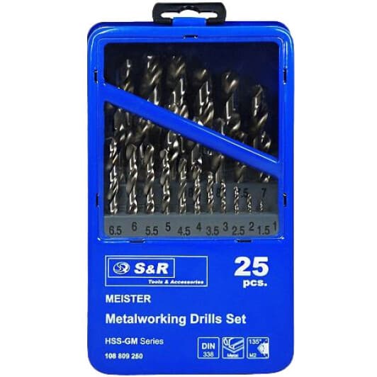 Набор сверл S&R спиральных по металлу Meister 108809250 1-13 мм 25 шт.