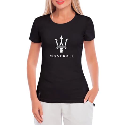 Футболка женская Globuspioner классическая Maserati Logo черная принт спереди