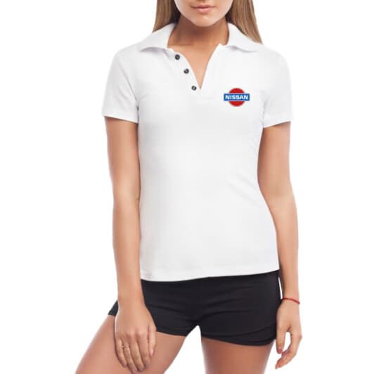 Футболка женская Globuspioner поло Nissan OLd Logo белая принт спереди