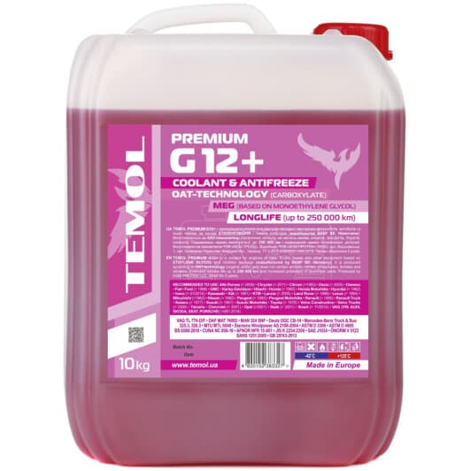 TEMOL Premium G12+ рожевий -42 °C, 10 л готовий антифриз