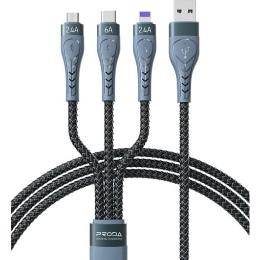 Кабель 3 в 1 Proda USB - Apple Lightning - type-C - Micro USB Azeada PD-B74TH-BK 1,3 м