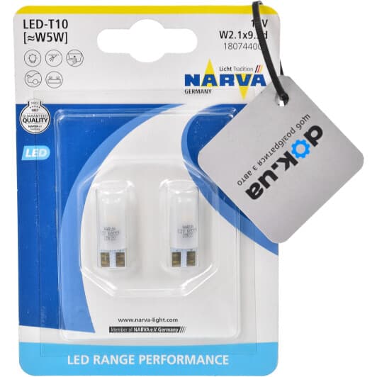 Автолампа Narva Range Performance LED W5W W2,1x9,5d 0,6 W прозрачная 180742b