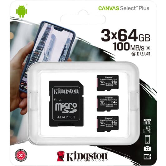 Карта памяти Kingston Canvas Select Plus microSDXC 64 ГБ с SD-адаптером SDCS2/64GB-3P1A