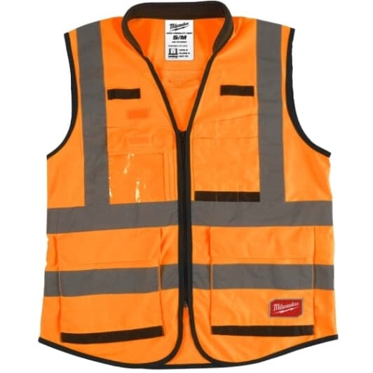 Жилет світловідбивний Milwaukee помаранчевий Premium з вертикальними та горизонтальними смугами