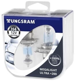 Автолампа Tungsram Megalight Ultra +200 H4 P43t 55 W 60 W прозрачно-голубая TU50440XHU2PL