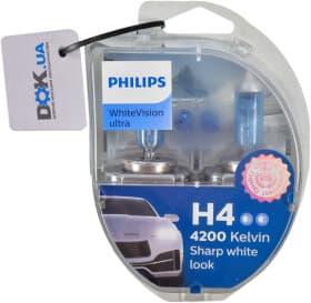 Автолампа Philips WhiteVision Ultra H4 P43t-38 55 W 60 W светло-голубая 12342WVUSM