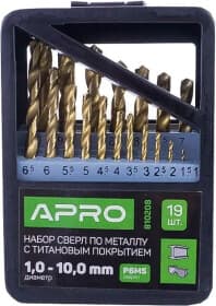 Набор сверл Apro спиральных по металлу 810208 1-10 мм 19 шт.