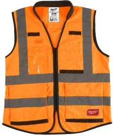 Жилет светоотражающий Milwaukee оранжевый Premium с вертикальными и горизонтальными полосами