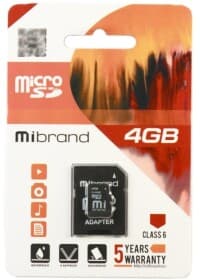 Карта памяти Mibrand MicroSD 4 ГБ с SD-адаптером Карта памяти Mibrand MicroSD 4 ГБ с SD-адаптером