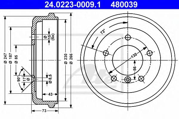 24.0223-0009.1 ATE Гальмівний барабан для Mercedes T1