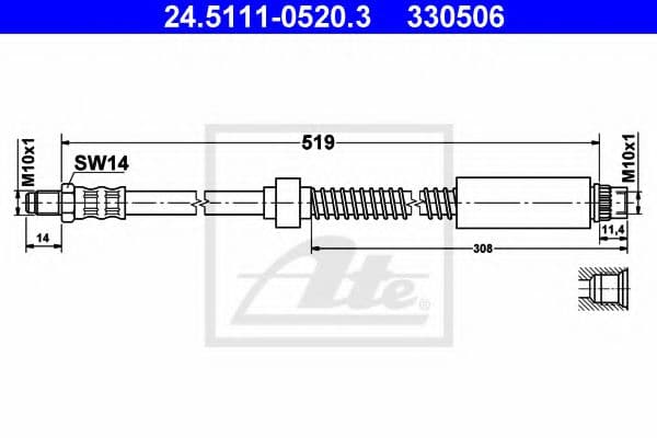 24.5111-0520.3 ATE Гальмівний шланг для Peugeot 306