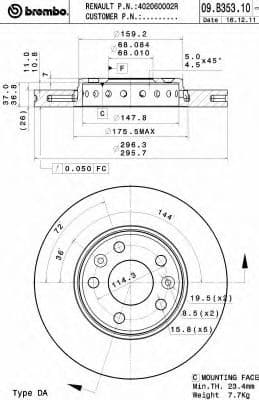09.B353.10 Brembo Тормозной диск