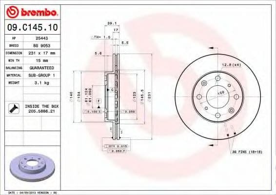09.C145.10 Brembo Тормозной диск