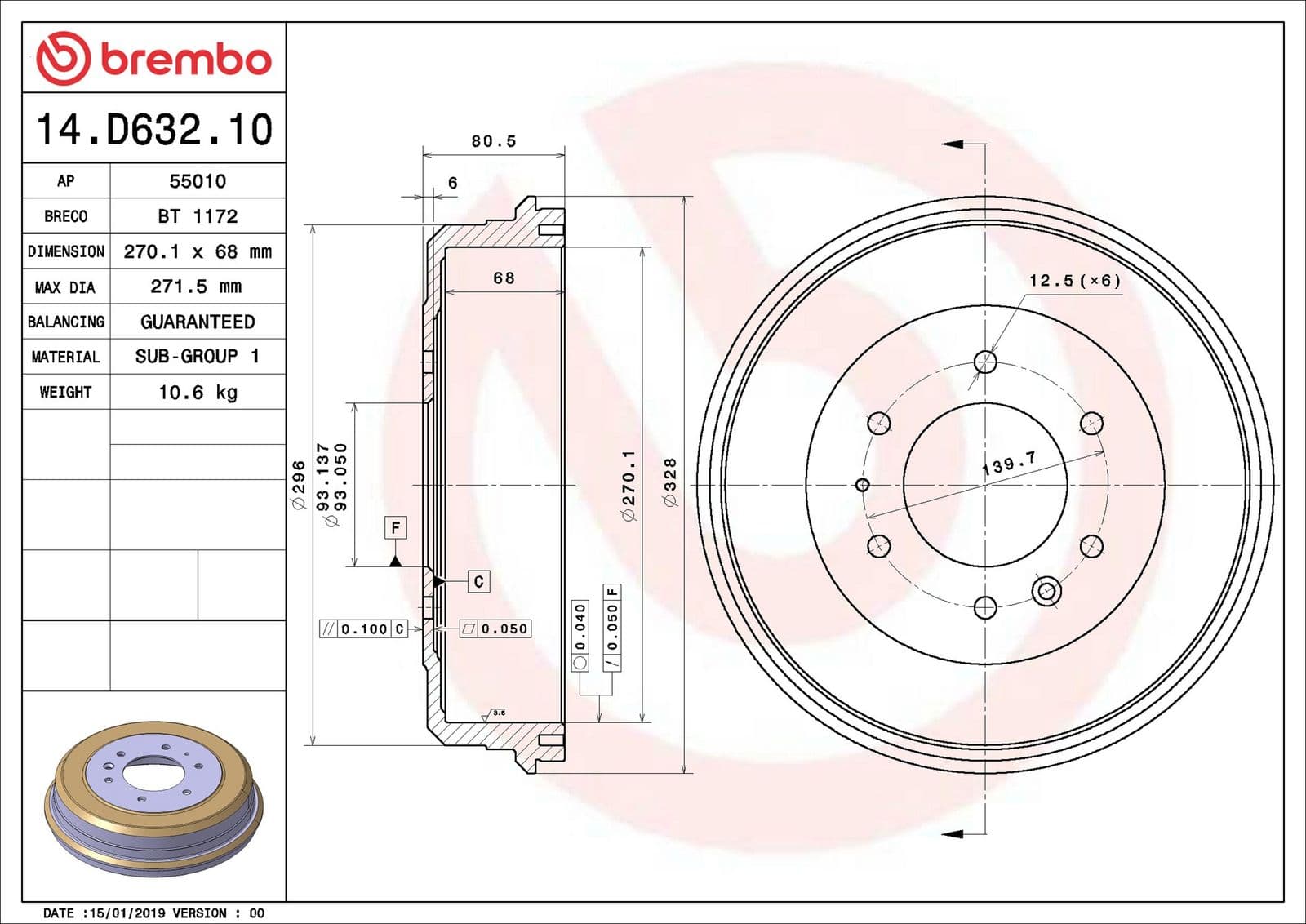 14d63210 Brembo Гальмівний барабан