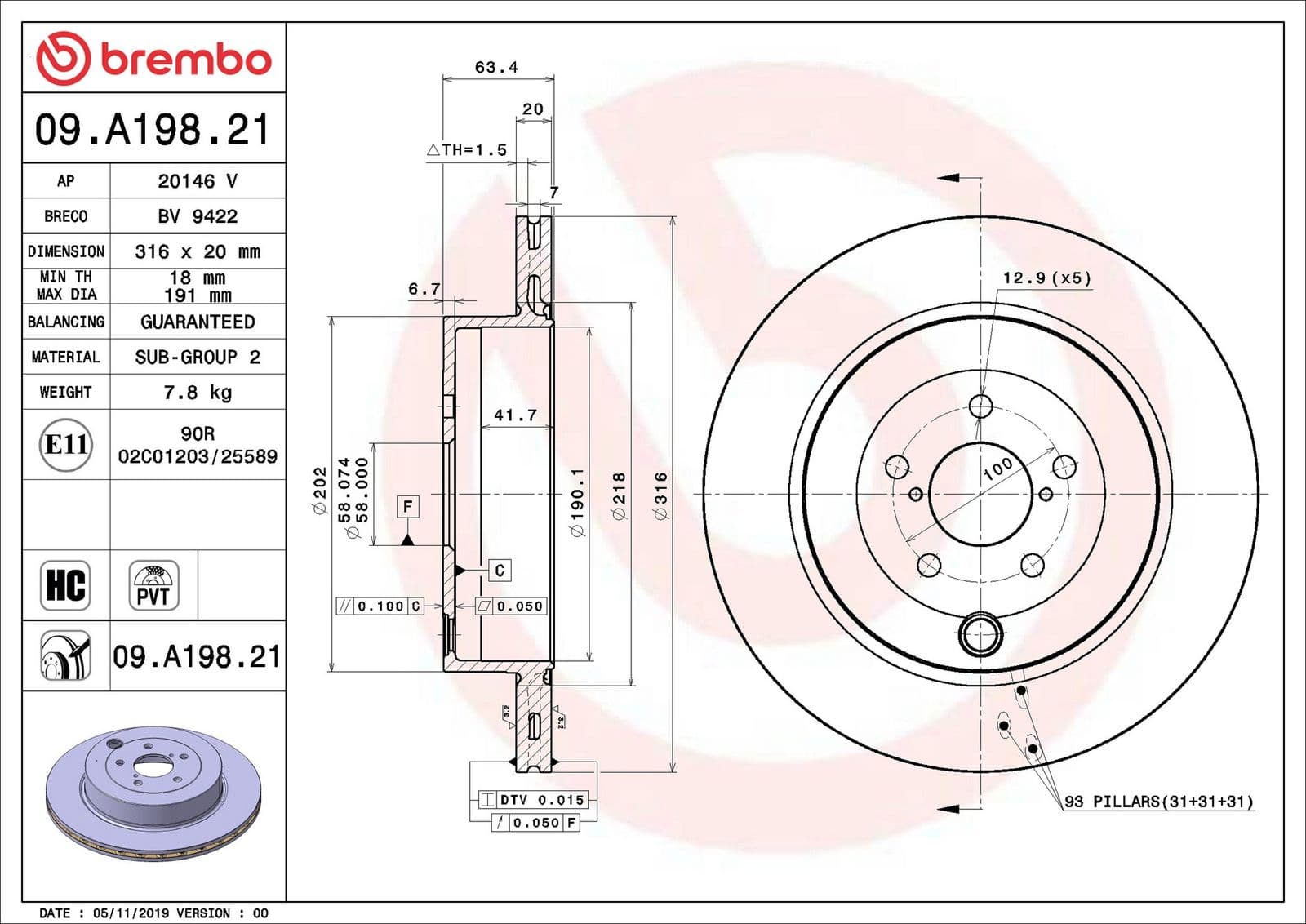 09a19821 Brembo Гальмівний диск для Subaru BRZ