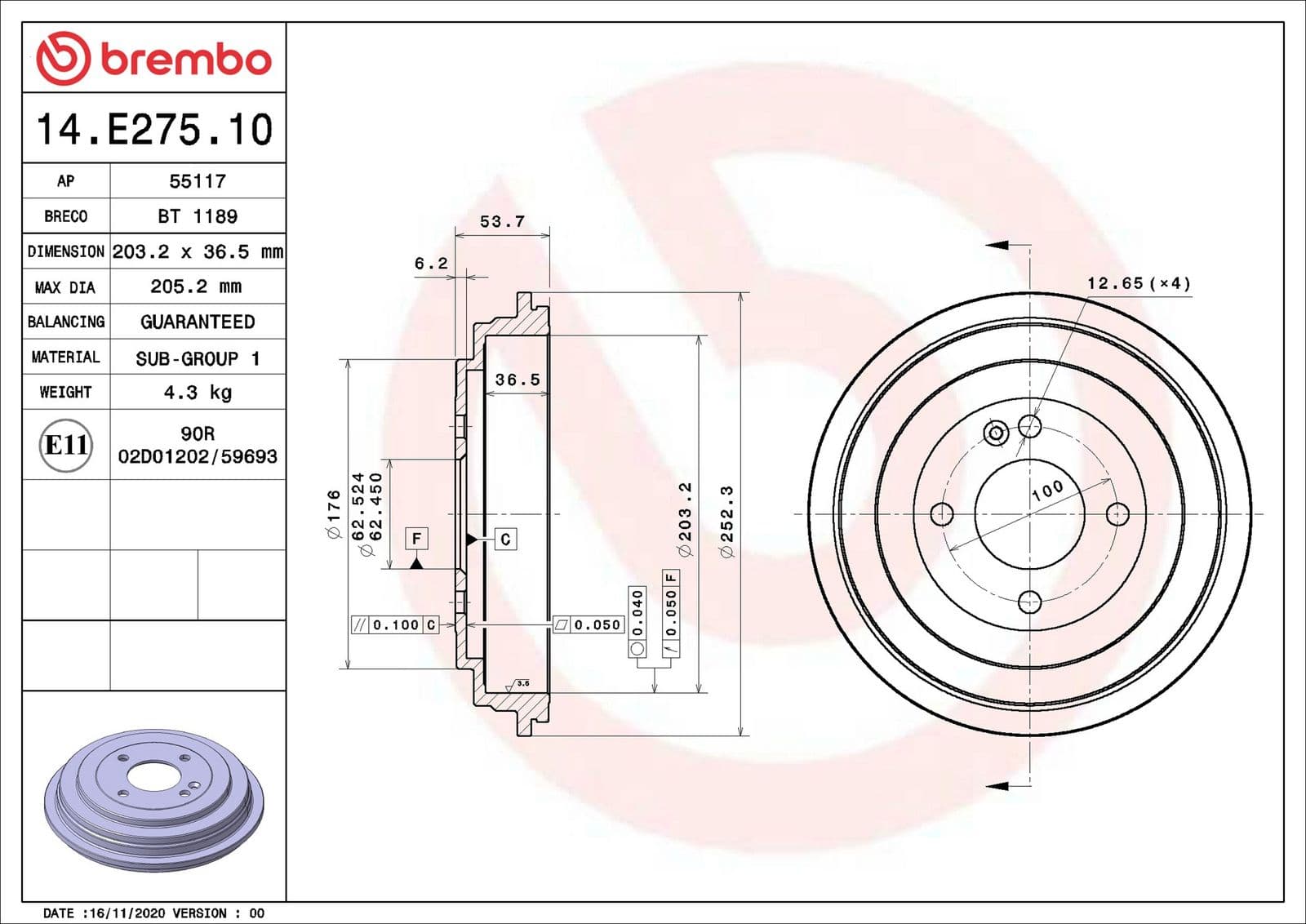 14e27510 Brembo Гальмівний барабан