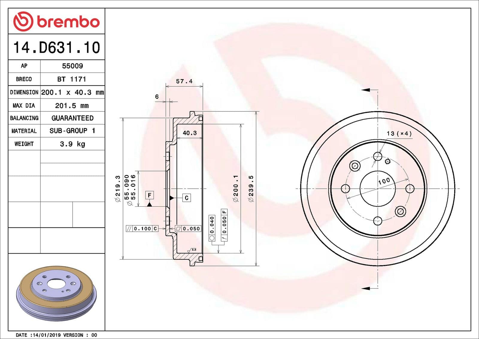 14d63110 Brembo Тормозной барабан